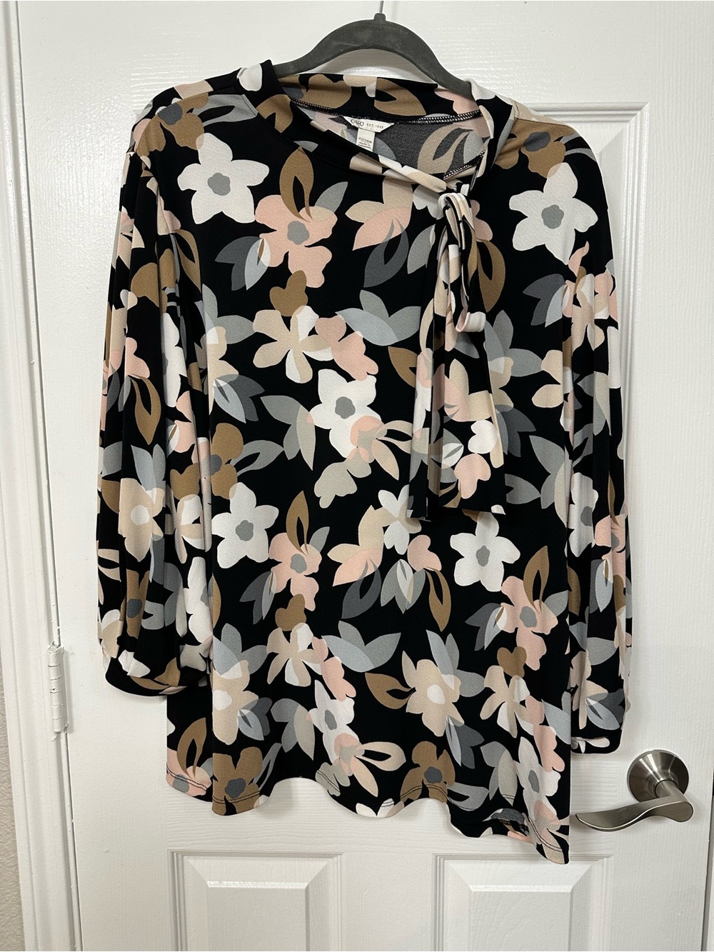 Cato Black Floral Tie-Neck Blouse with Pink & Taupe Accents